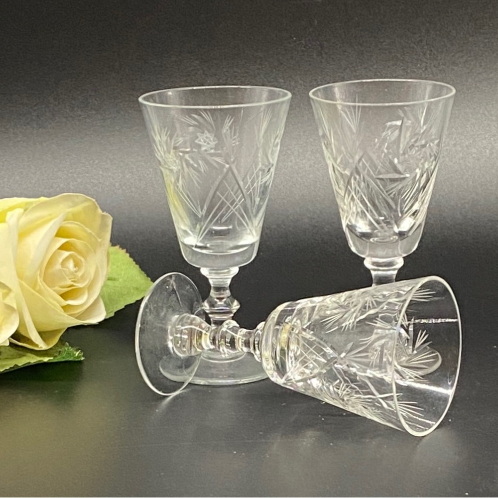 Vintage Crystal Sherry Glasses -  Pinwheel Star Pattern -  Three Glasses